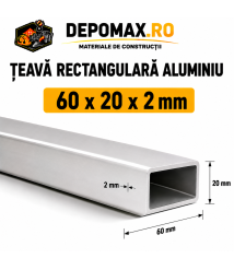 Teava rectangulara aluminiu 60 x 20 x 2 mm, 6 metri (EN AW-6060)